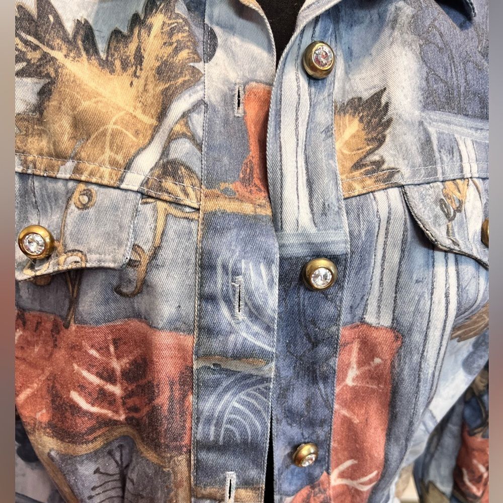 🛍️ LORRAINE WARDY Opal Vintage Blue Leaf Button Up Crop country Jacket Sm - Picture 8 of 11